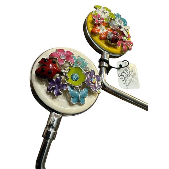 SPRING STREET FLOWER LADYBUG PURSE BAG HANGER SET OF 2 FOLDING HOOKS - Picture 3 of 4